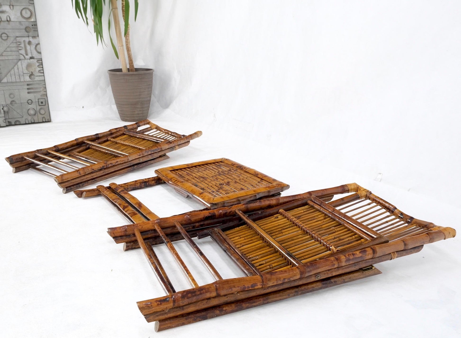 EstablishedLines Burnt Bamboo Vintage Folding Cafe Occasional Table w/ Two Matching Chairs Set