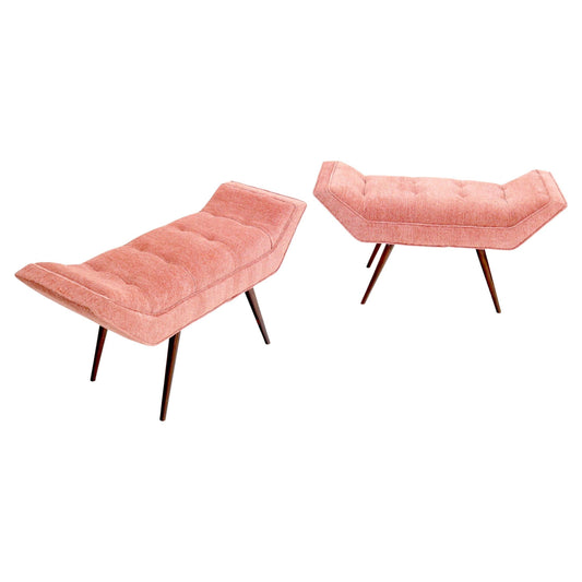 EstablishedLines Pair of Mid-Century Modern Pink Velvet Upholstery Dowel Legs Benches