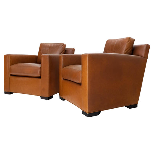 EstablishedLines Pair of Brown Tan Leather Lounge Chairs by Coach
