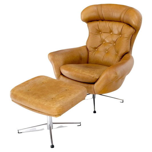 EstablishedLines Mid-Century Modern Tan Leather Egg Style Wide Back Lounge Chair & Ottoman