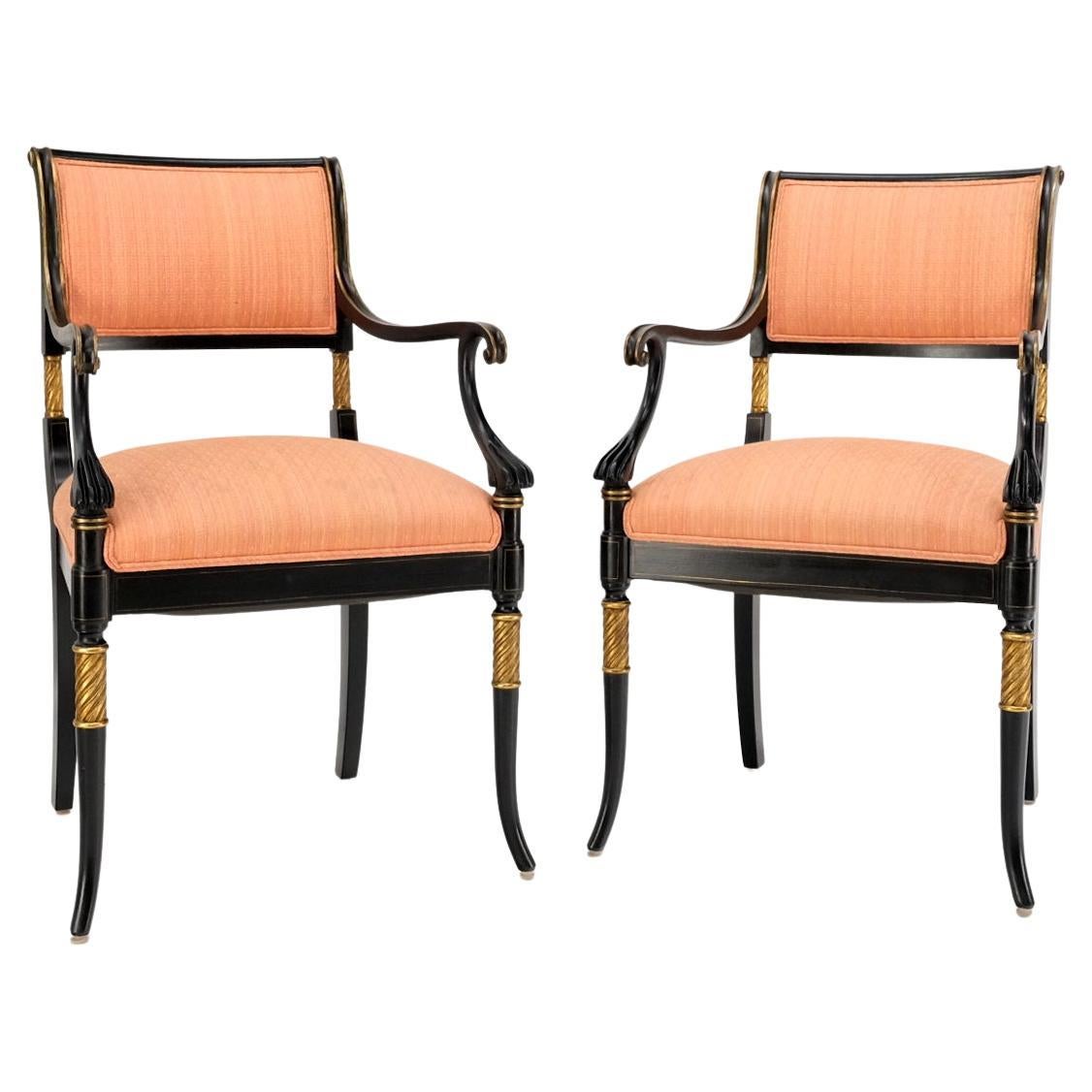 EstablishedLines Pair Regency Ebonized Gilt Craved Fireside Dining Arm Chairs Horn Shape Leg