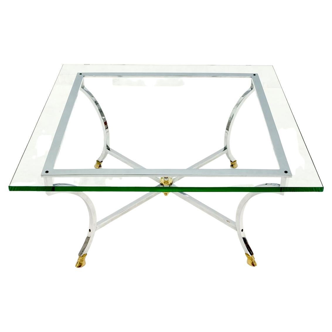 EstablishedLines Brass Hoof Feet Polished Chrome Glass Top Square Coffee Table Mid-Century Modern