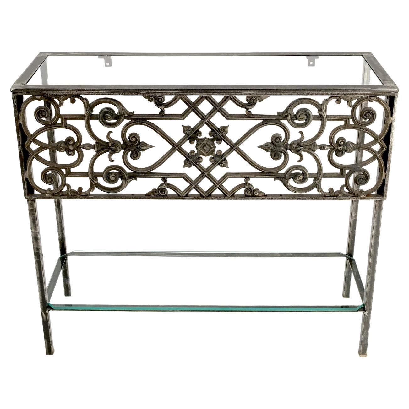 EstablishedLines Polished Cast Iron Ornament 2 Tier Glass Top Lower Shelf Console Sofa Table