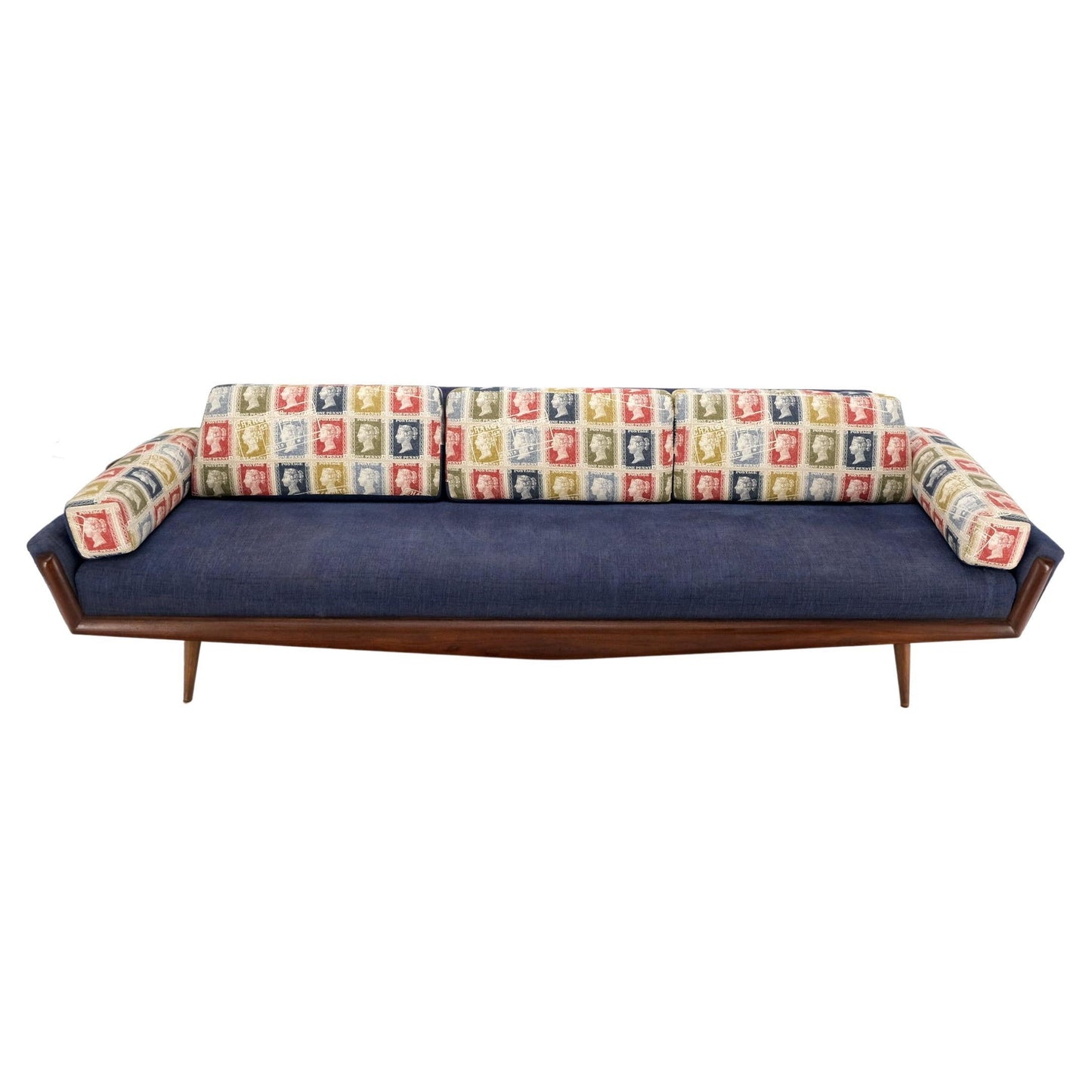 EstablishedLines Adrian Pearsall Mid-Century Walnut Frame Stamps Theme Upholstery Gondola Sofa