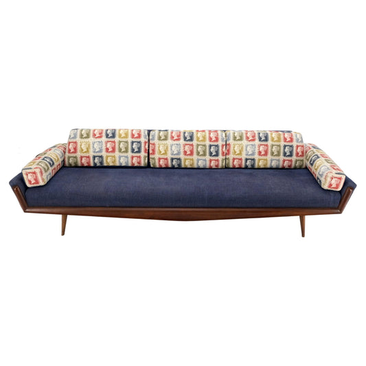 EstablishedLines Adrian Pearsall Mid-Century Walnut Frame Stamps Theme Upholstery Gondola Sofa
