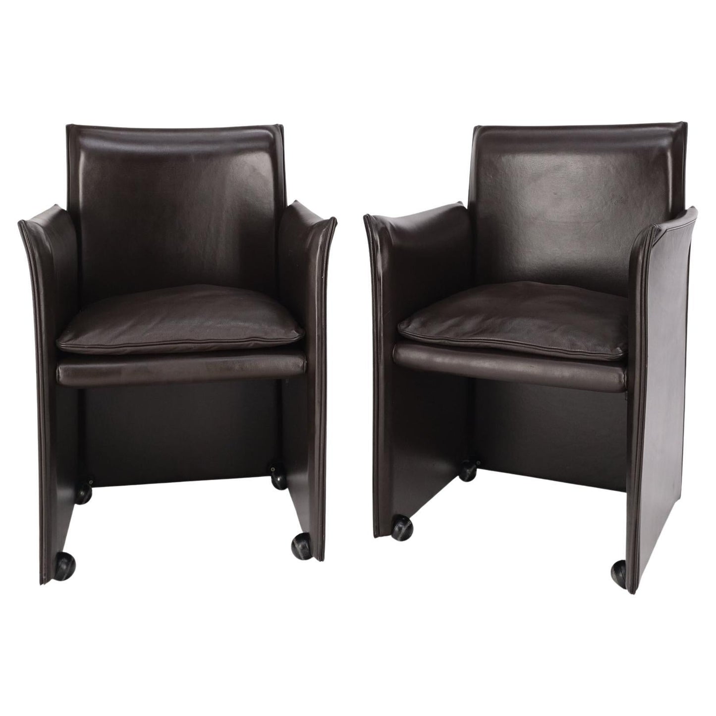 EstablishedLines Pair of Dark Brown Plum Leather Break Side Chairs Mario Bellini for Cassina Mint