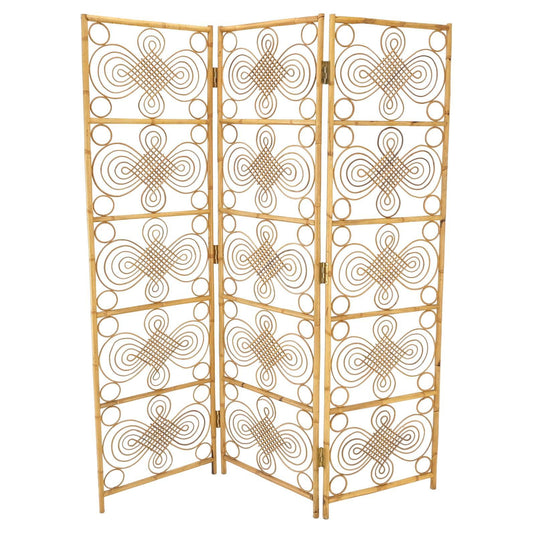 EstablishedLines Mid Century Stunning Pattern Three Panel Bamboo Rattan Room Divider Screen Mint