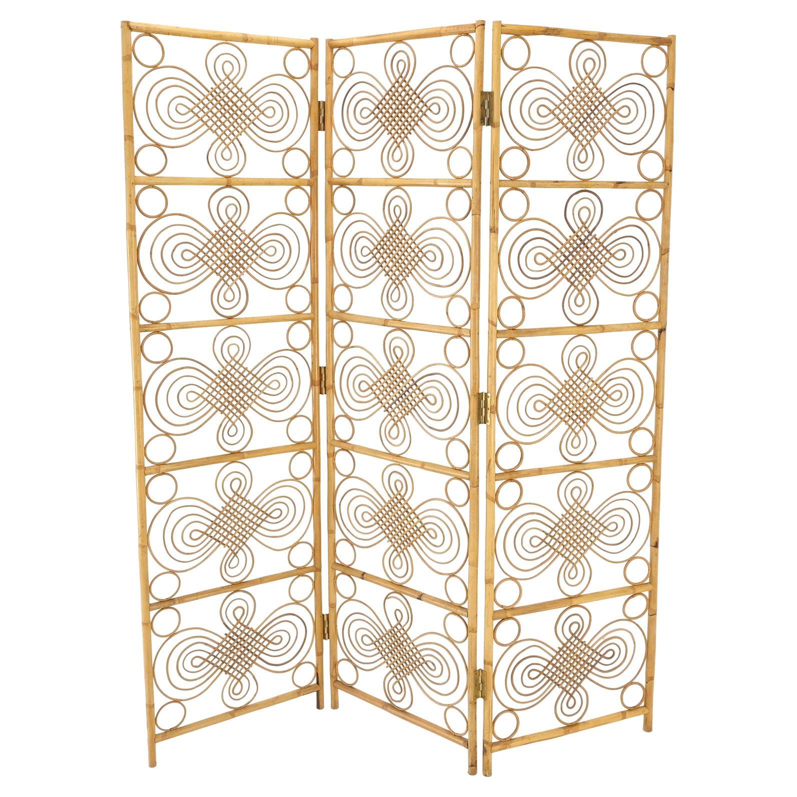 EstablishedLines Mid Century Stunning Pattern Three Panel Bamboo Rattan Room Divider Screen Mint