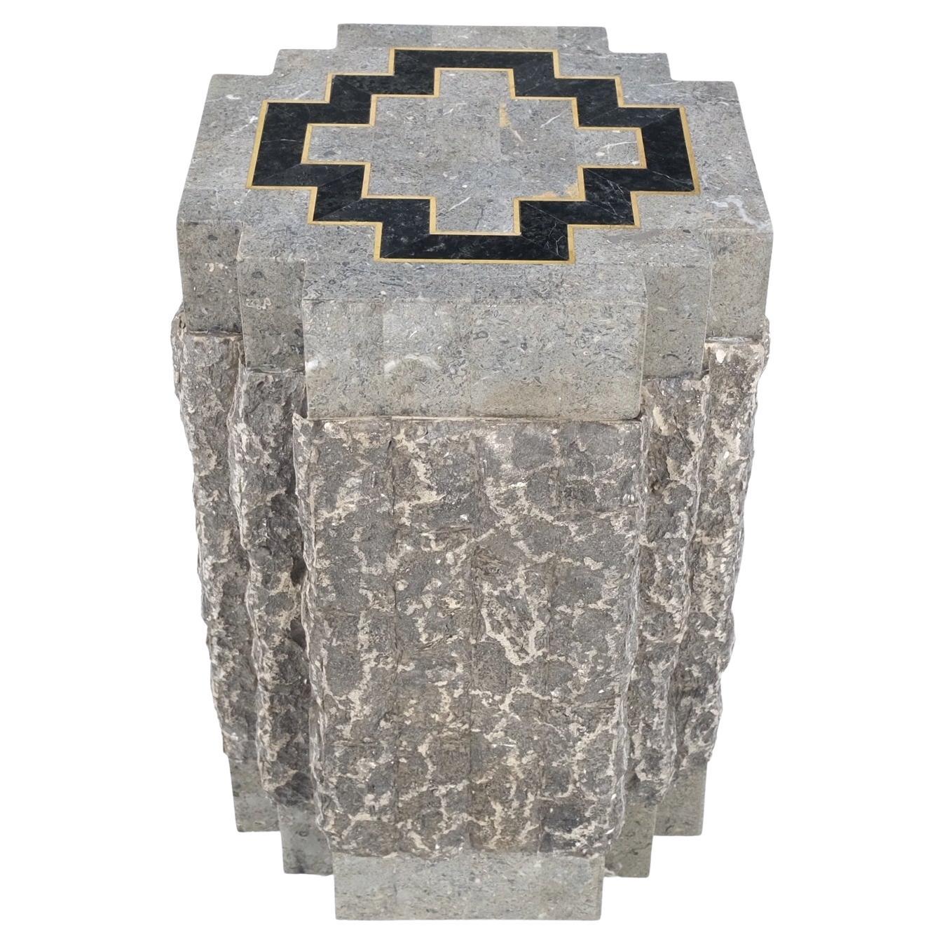 EstablishedLines Tessellated Stone Brass Inlay Square Pedestal Stand End Table Black & Grey Mint