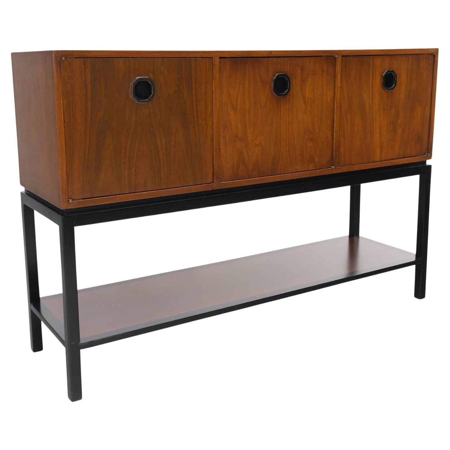 EstablishedLines Ebonized Base Walnut Three Doors Mid-Century Modern Credenza Console Cabinet
