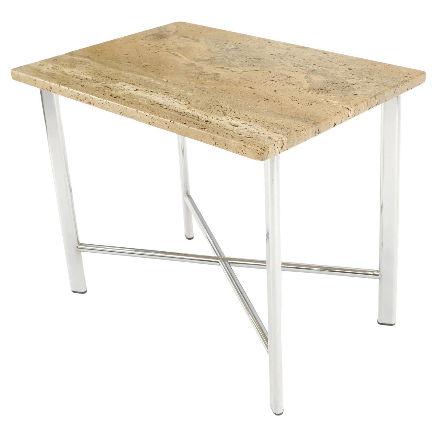 EstablishedLines Chrome X Base Travertine Top Mid-Century Modern Rectangle Side End Table Stand