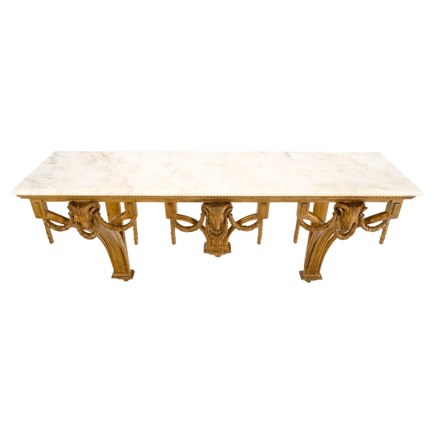 EstablishedLines Hanging Fine Carved Antique Gold Gilt Base Marble Top Console Table Credenza