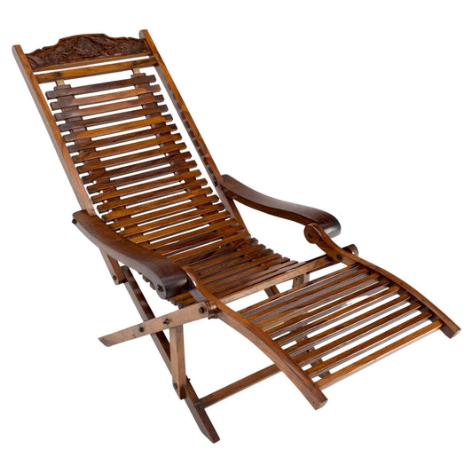 EstablishedLines Solid Brazilian Rosewood Planks Adjustable Sling Chaise Lounge Chair Carved