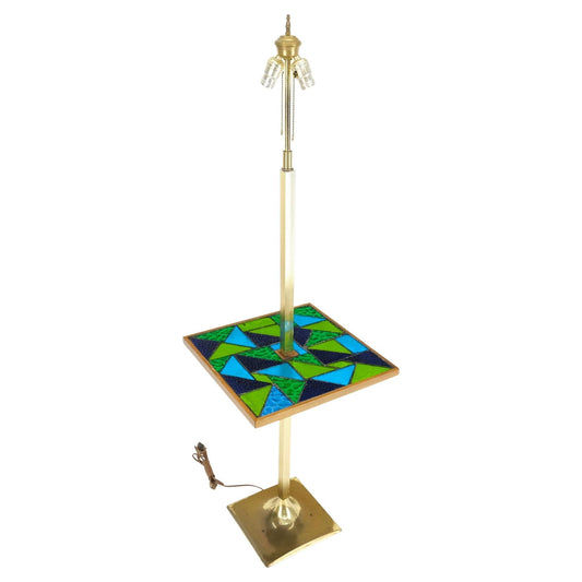 EstablishedLines Green Blue Art Glass Square Mosaic Top Side End Table Floor Lamp Mid-Century