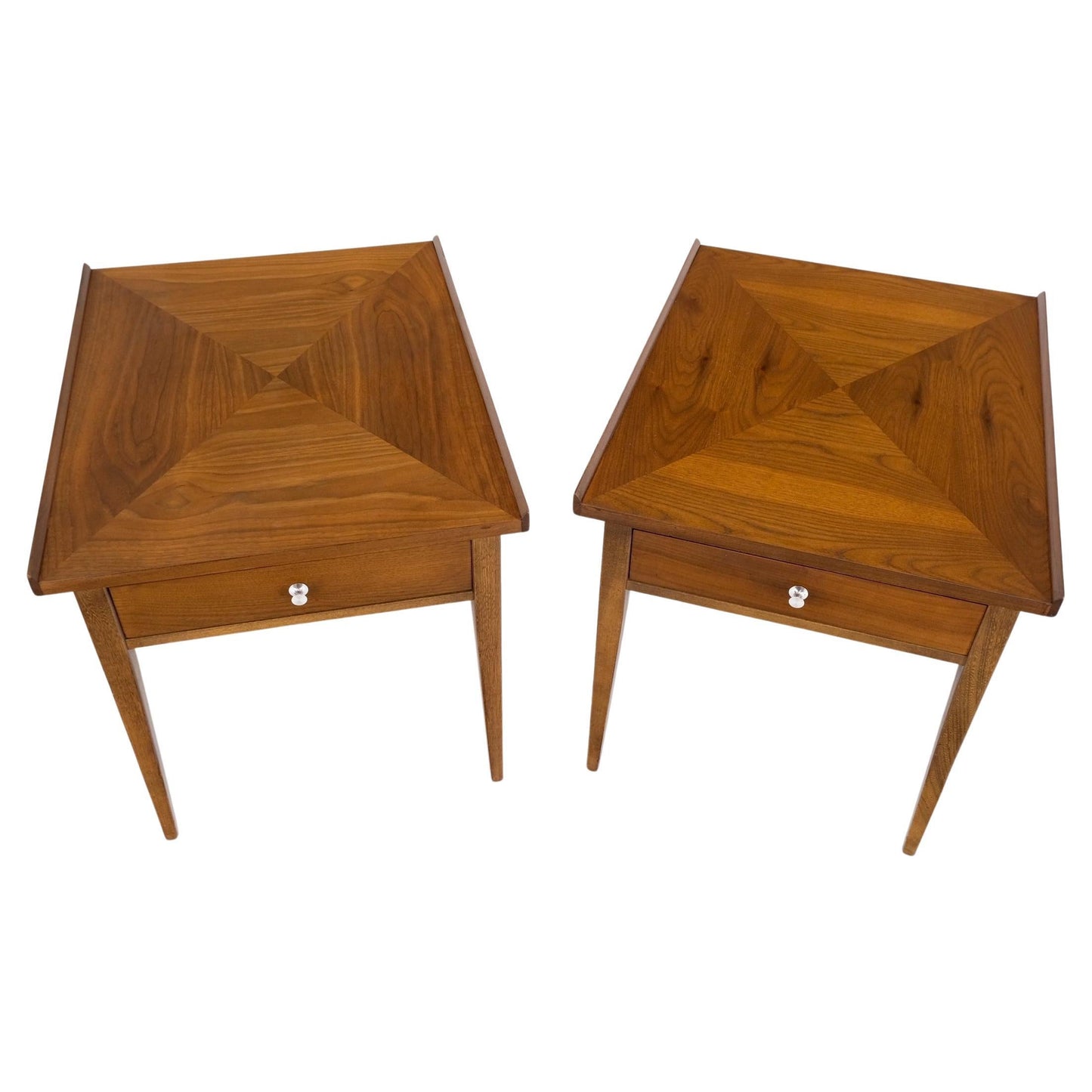 EstablishedLines Pair of Walnut Rolled Edges Square One Drawer Tapered Legs End Side Tables Stand