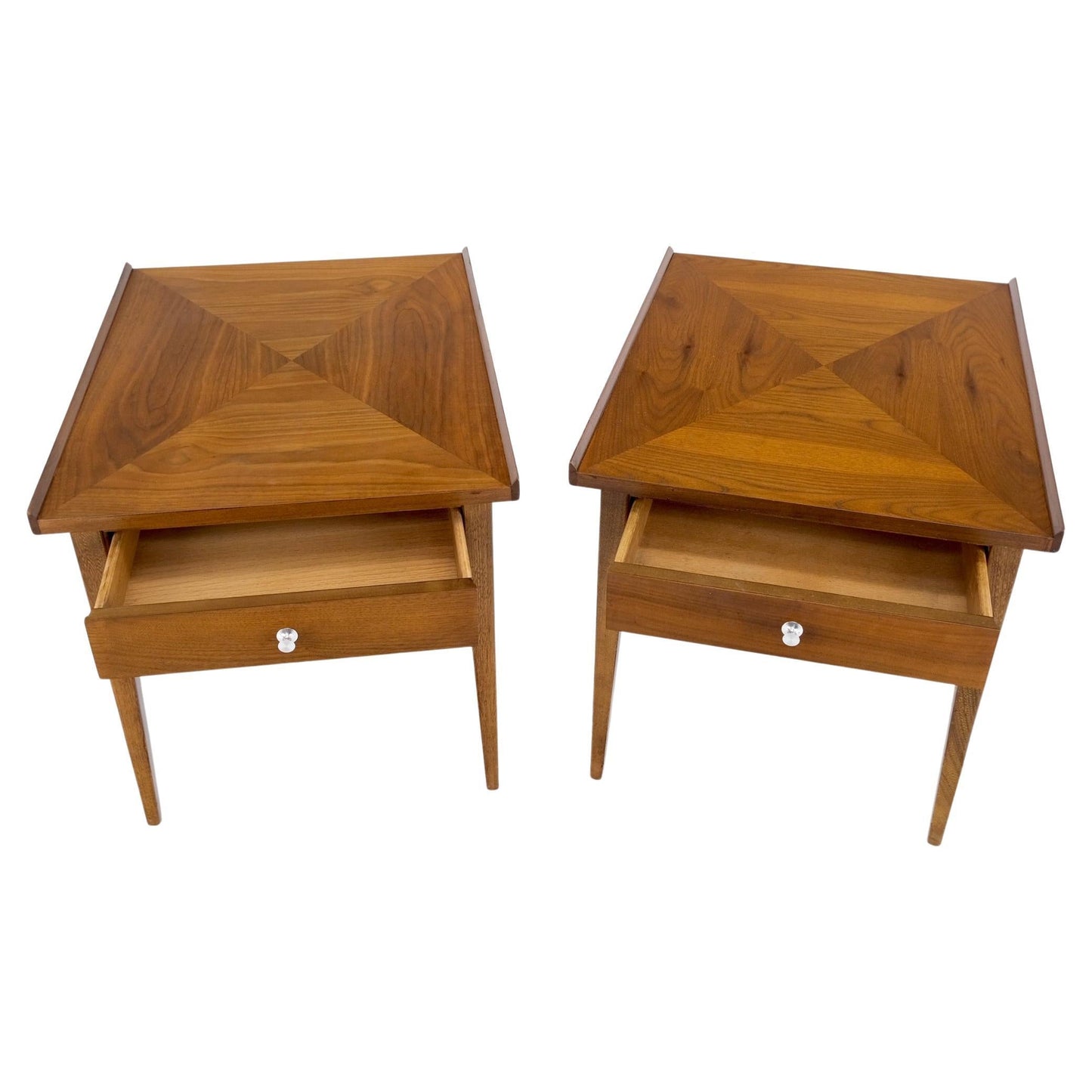 EstablishedLines Pair of Walnut Rolled Edges Square One Drawer Tapered Legs End Side Tables Stand