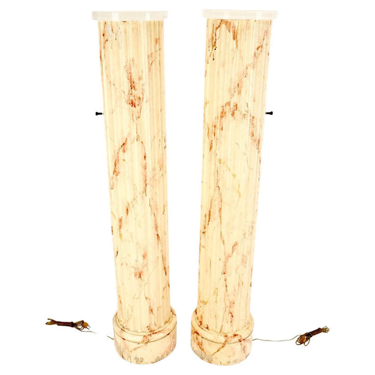 EstablishedLines Pair of Mid-Century Modern Faux Decorated Columns Lighted Pedestals Floor Lamps