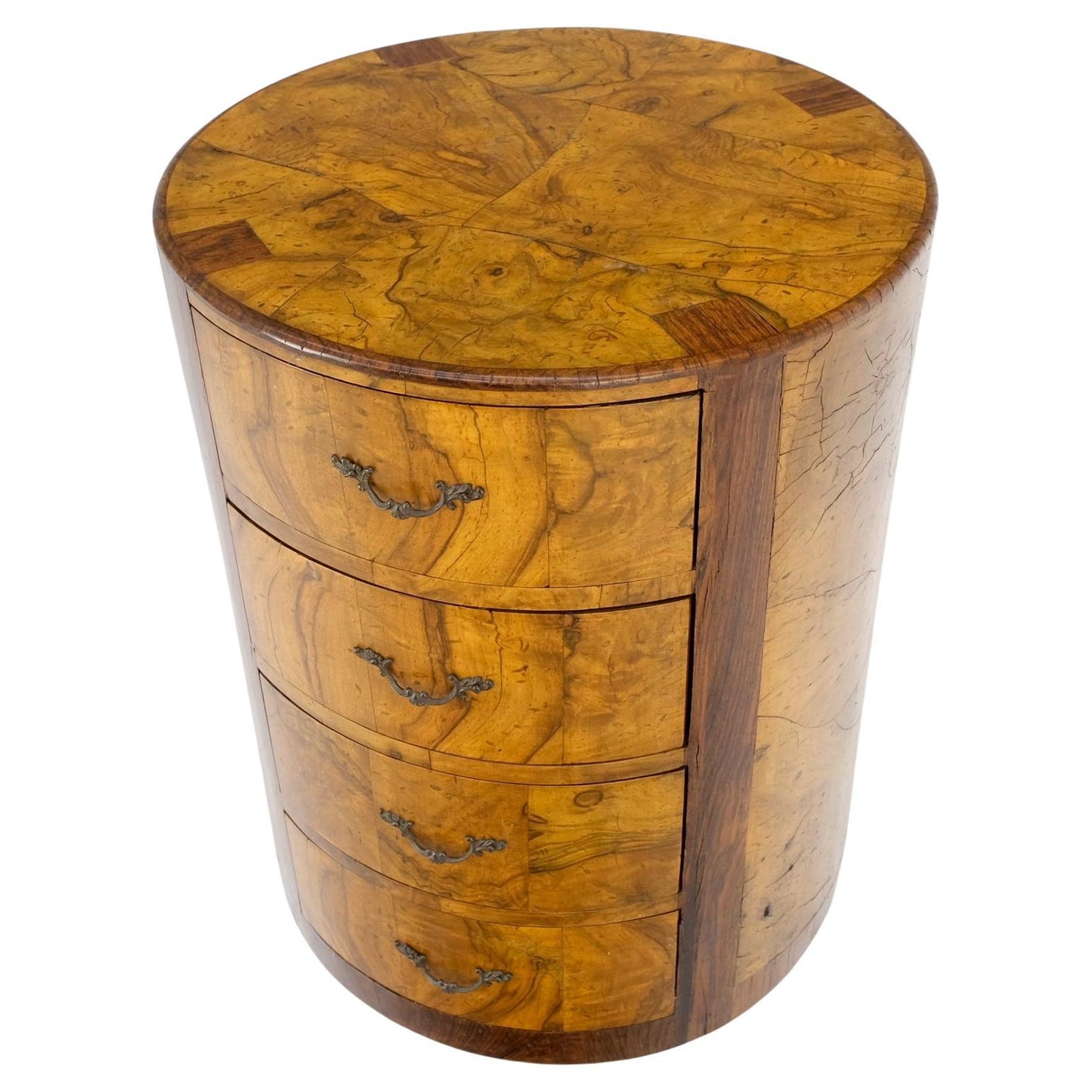 EstablishedLines Cylinder Drum Shape 4 Drawers Italian Burl Olive Wood Small Dresser Stand Table