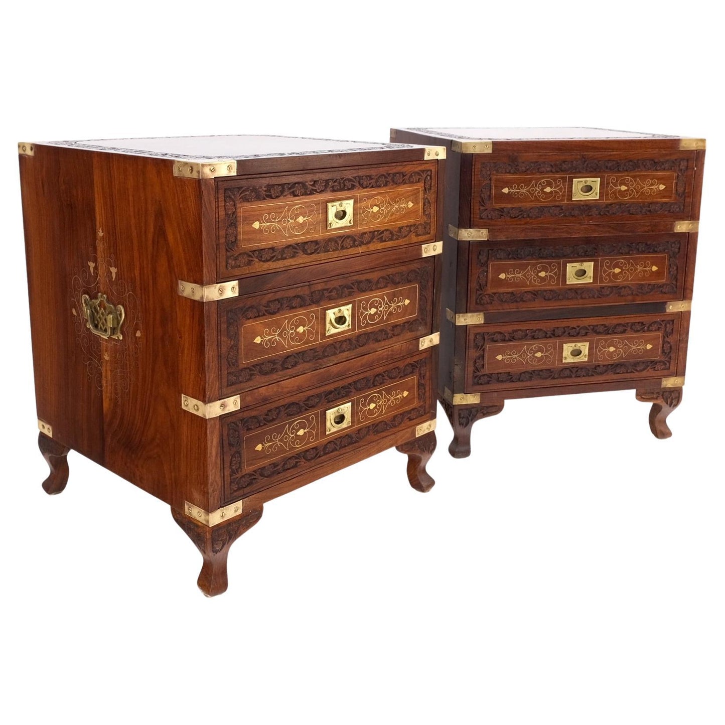 EstablishedLines Pair 3 Drawer Solid Rosewood Campaign Style Brass Inlay Decorated Night Stands