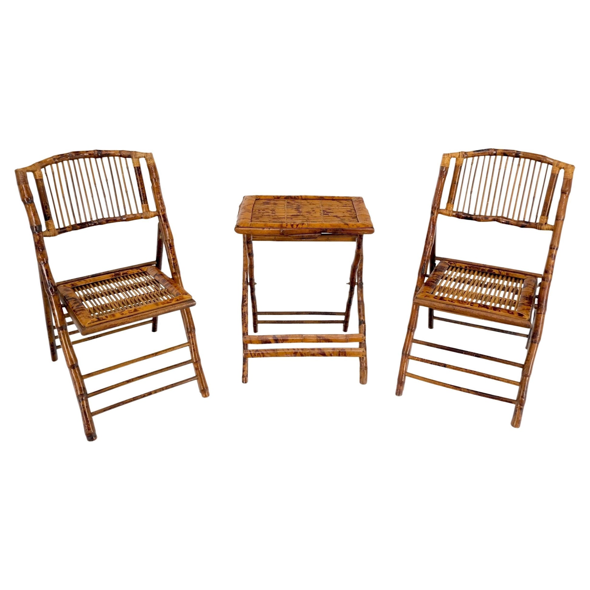 EstablishedLines Burnt Bamboo Vintage Folding Cafe Occasional Table w/ Two Matching Chairs Set