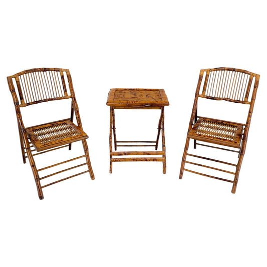 EstablishedLines Burnt Bamboo Vintage Folding Cafe Occasional Table w/ Two Matching Chairs Set