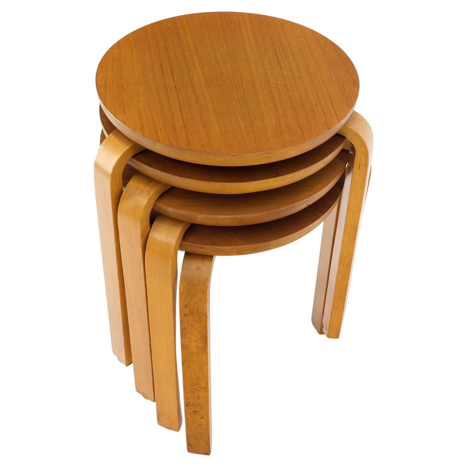 EstablishedLines Set of 4 Alvar Aalto Round Birch Bent Leg Nesting Tables c.1950s Made in Sweden