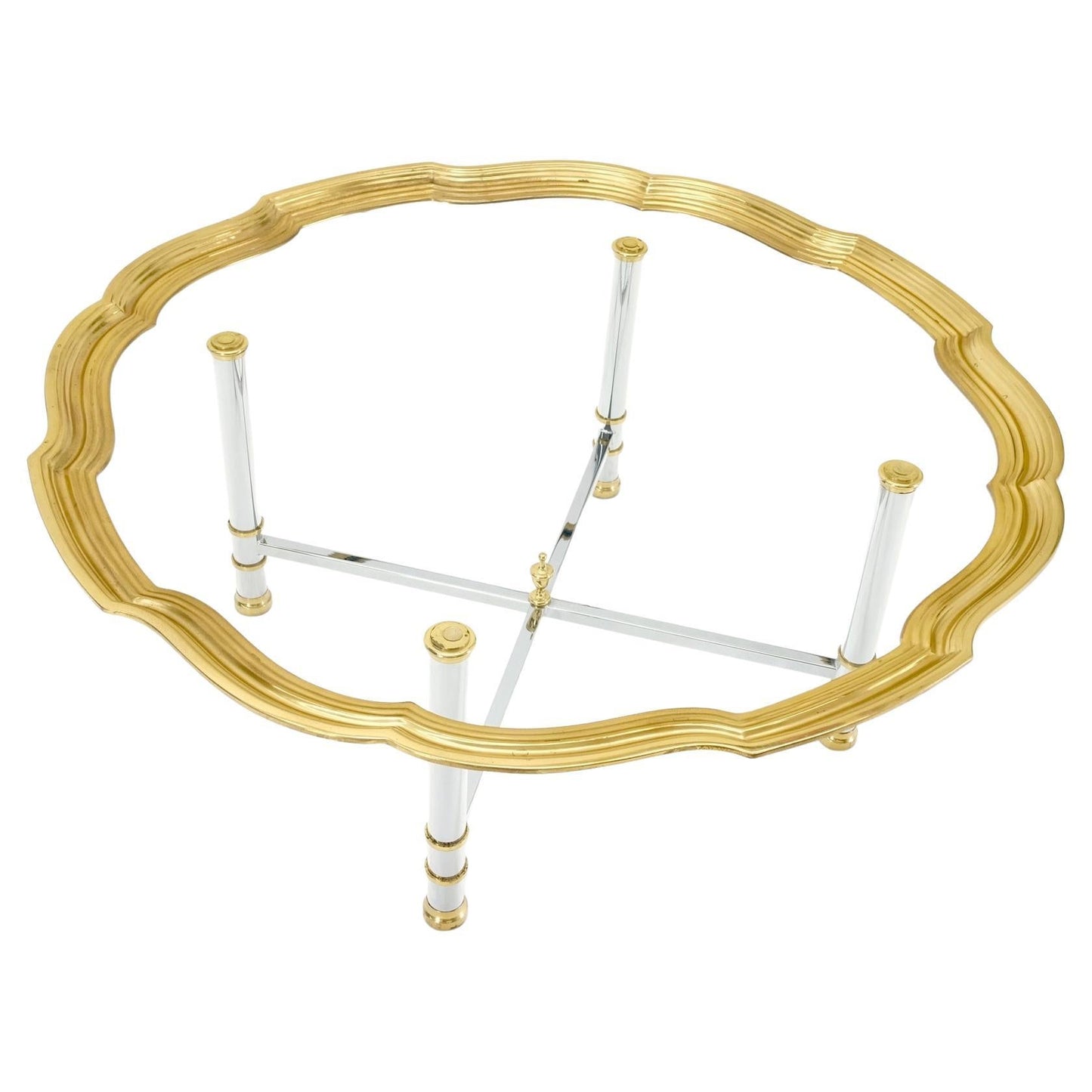 EstablishedLines Glass Top Solid Brass Trim Cross Shape Base Chrome Base Round Coffee Table MINT!