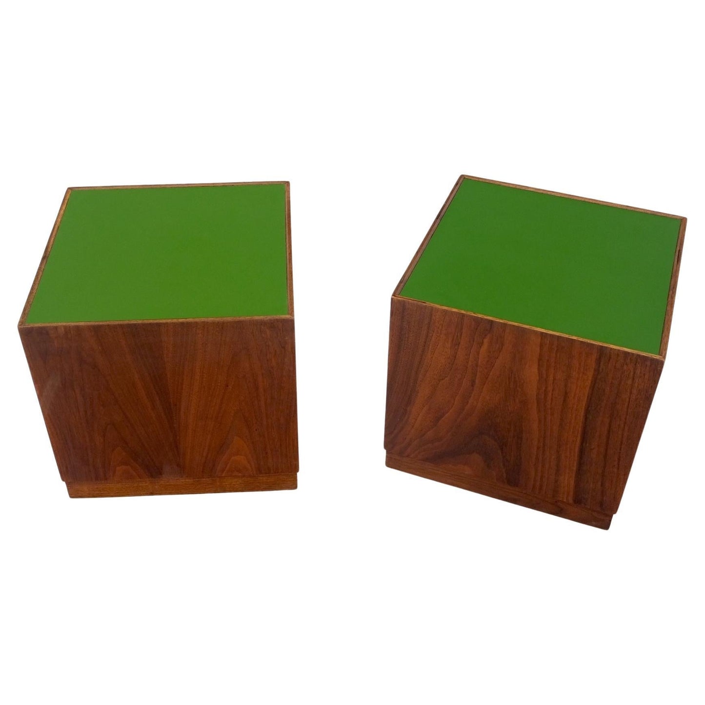 EstablishedLines Pair of Cube Shape Walnut Mid-Century Modern End Side Occasional Tables Stands