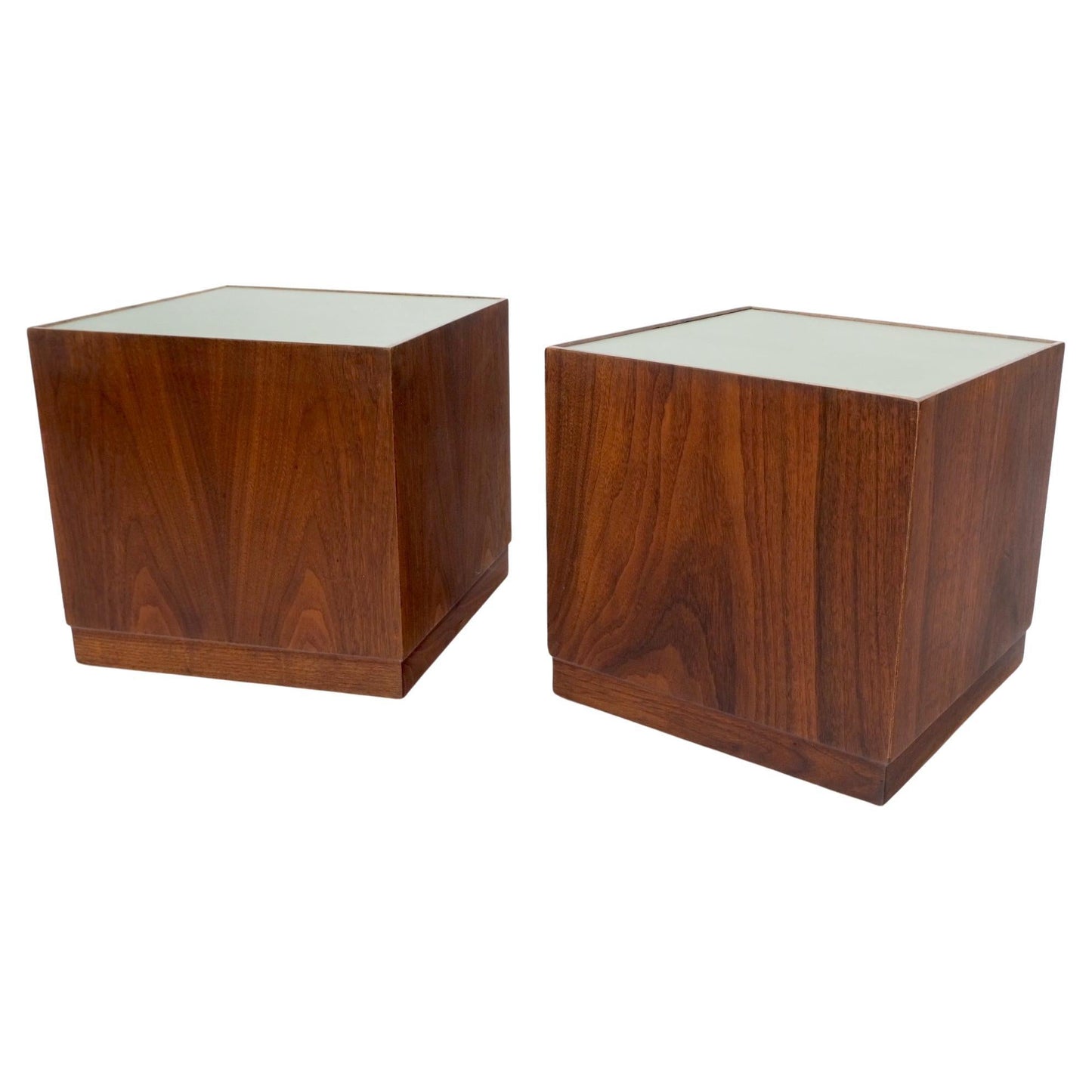 EstablishedLines Pair of Cube Shape Walnut Mid-Century Modern End Side Occasional Tables Stands