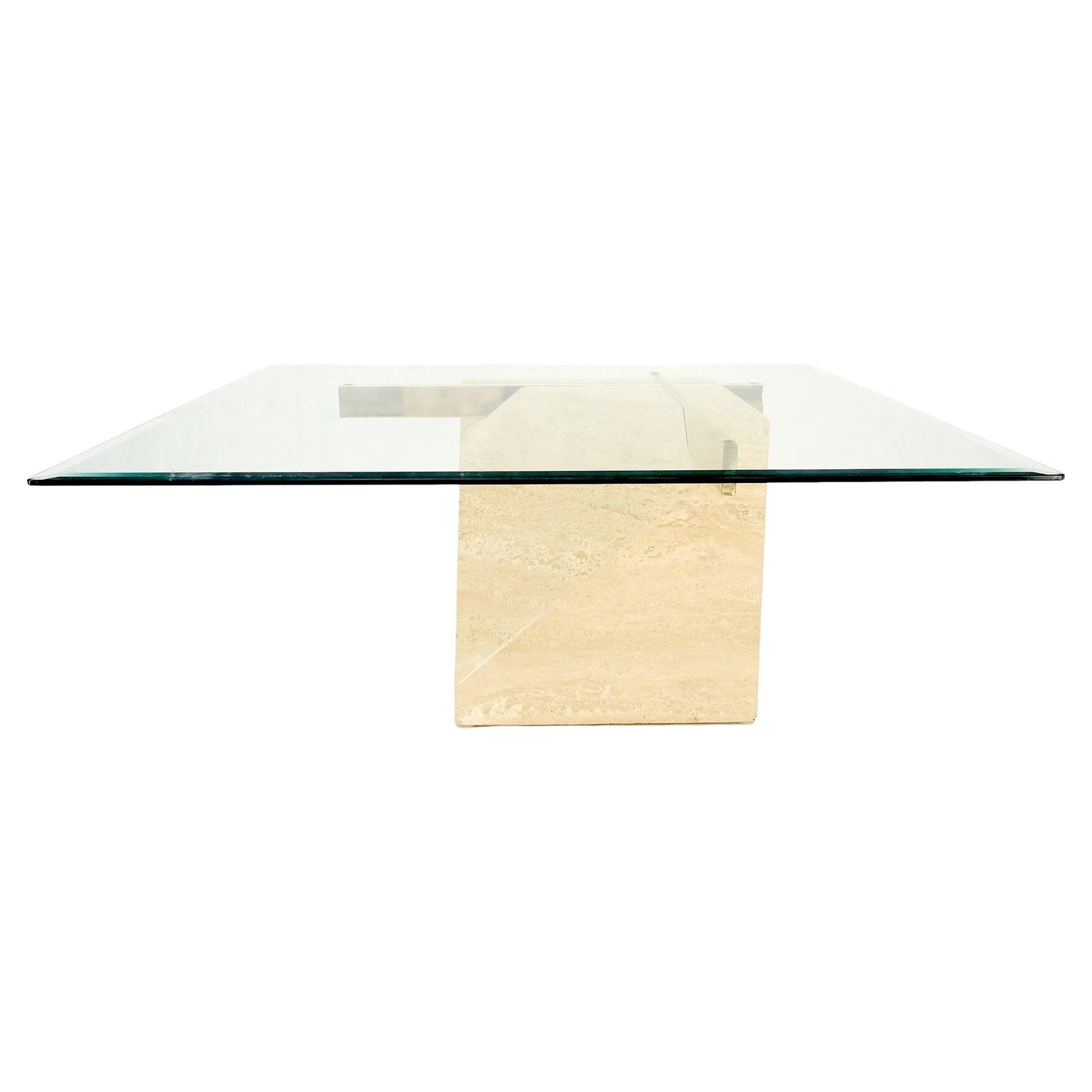 EstablishedLines Travertine Cube Base Square Glass Top Italian Mid-Century Modern Coffee Table