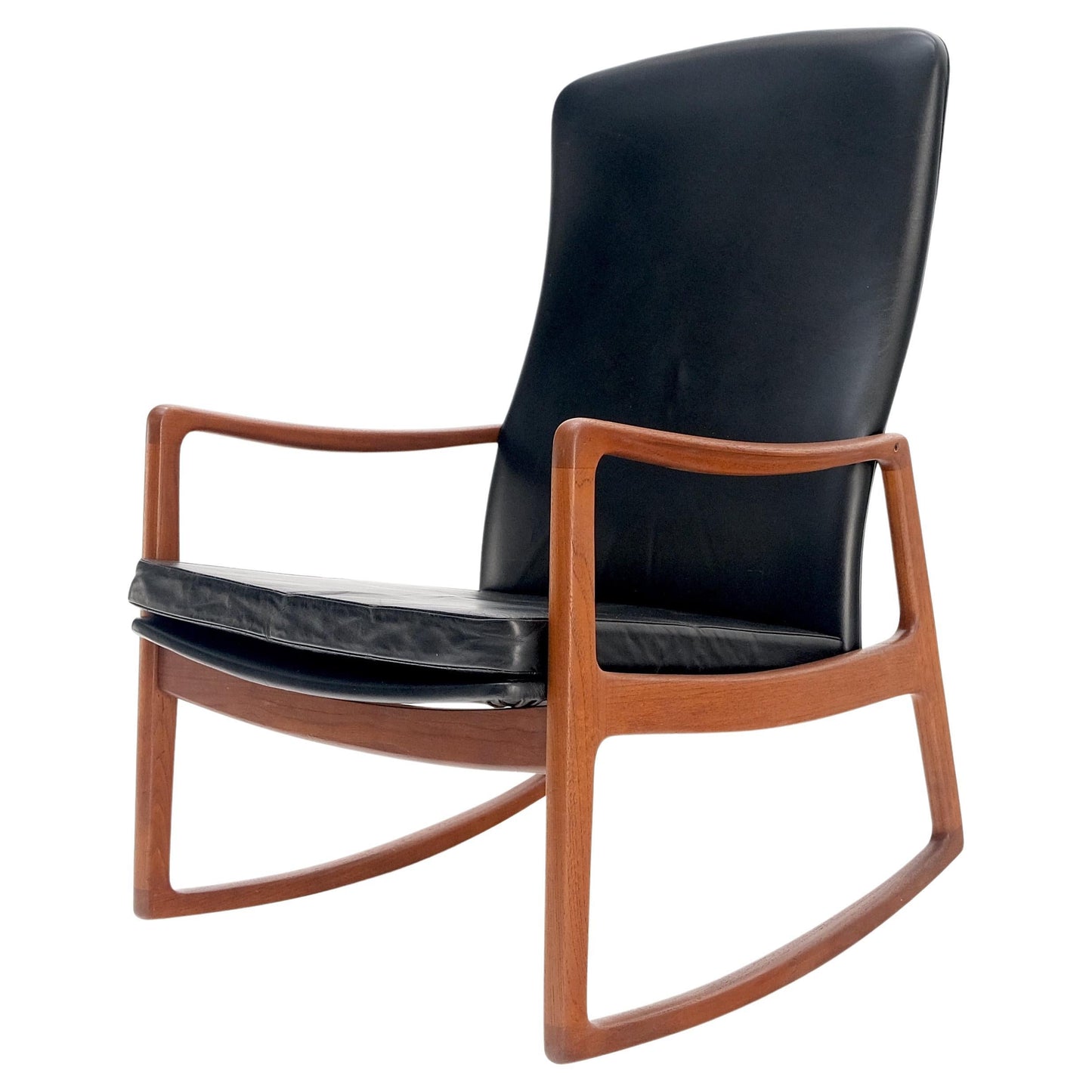 EstablishedLines Danish Mid-Century Modern Teak Leather Upholstery Lounge Rocking Chair MINT!