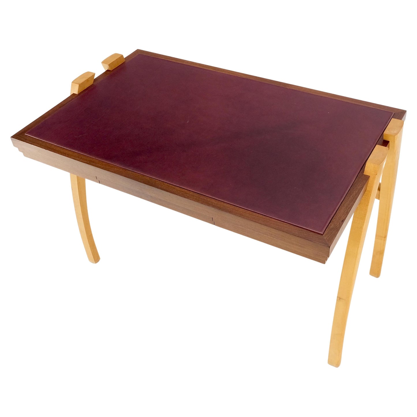 EstablishedLines Low Profile One Drawer Mid-Century Modern Burgundy Leather Top Blonde Desk Mint!