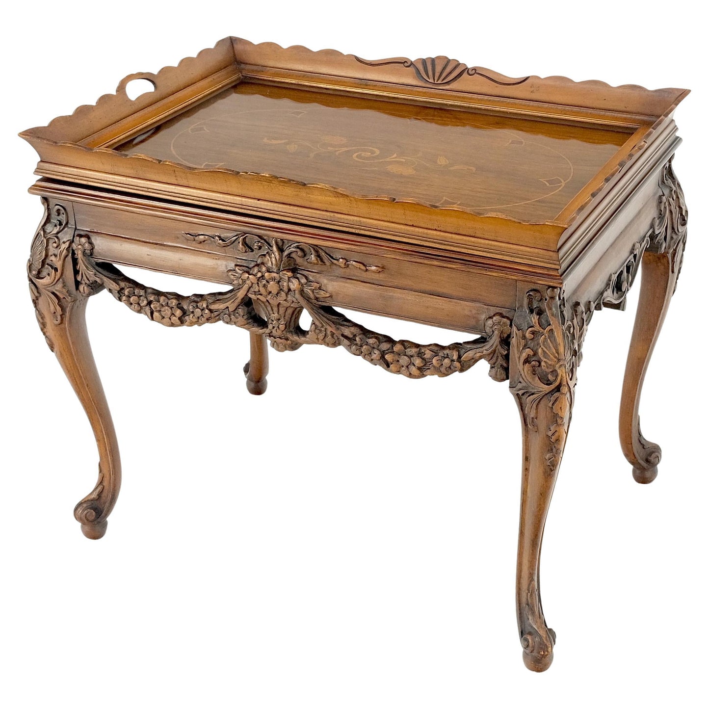 EstablishedLines Removable Tray Top Pierce Carved Inlayed Walnut Side End Table Stand Mint!