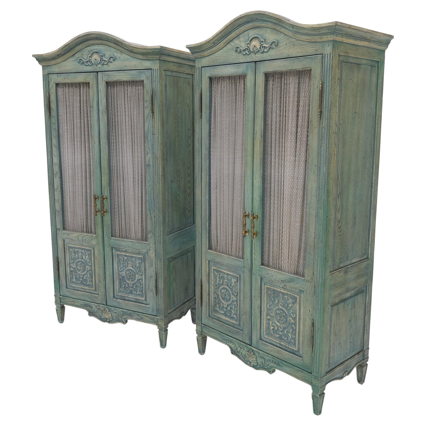 EstablishedLines Pair Tall Country French White Wash Armoires Fitted 5 Drawers Storage Shelves