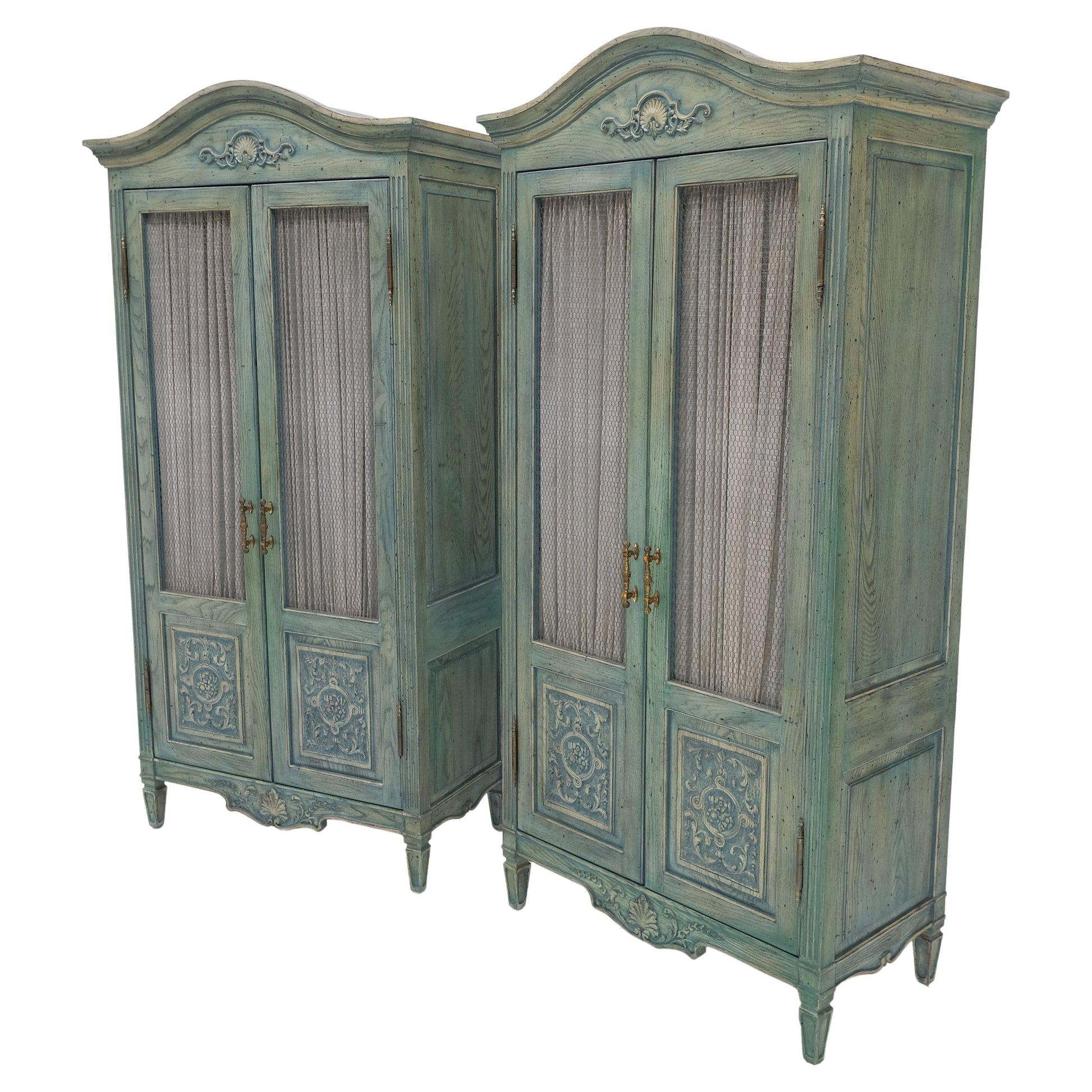 EstablishedLines Pair Tall Country French White Wash Armoires Fitted 5 Drawers Storage Shelves