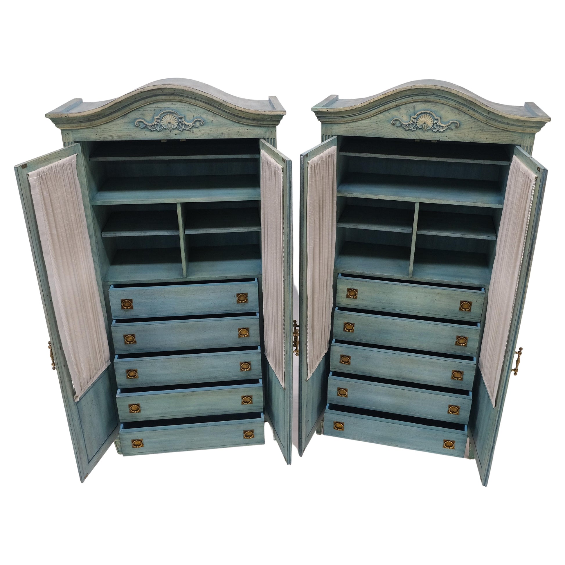 EstablishedLines Pair Tall Country French White Wash Armoires Fitted 5 Drawers Storage Shelves