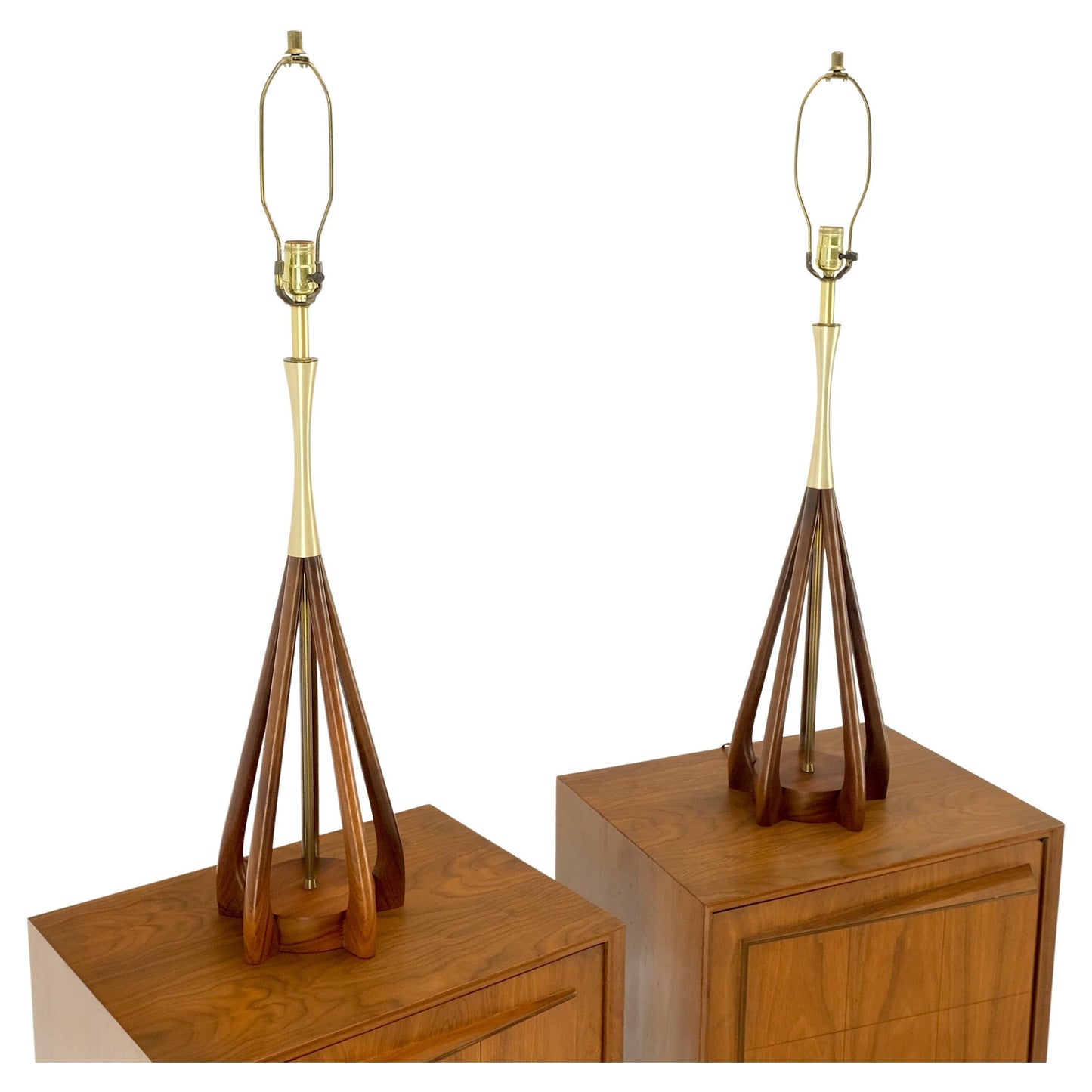 EstablishedLines Pair Oiled Walnut Mid-Century Modern Carved Sculptured Table Lamps Pearsal Mint!