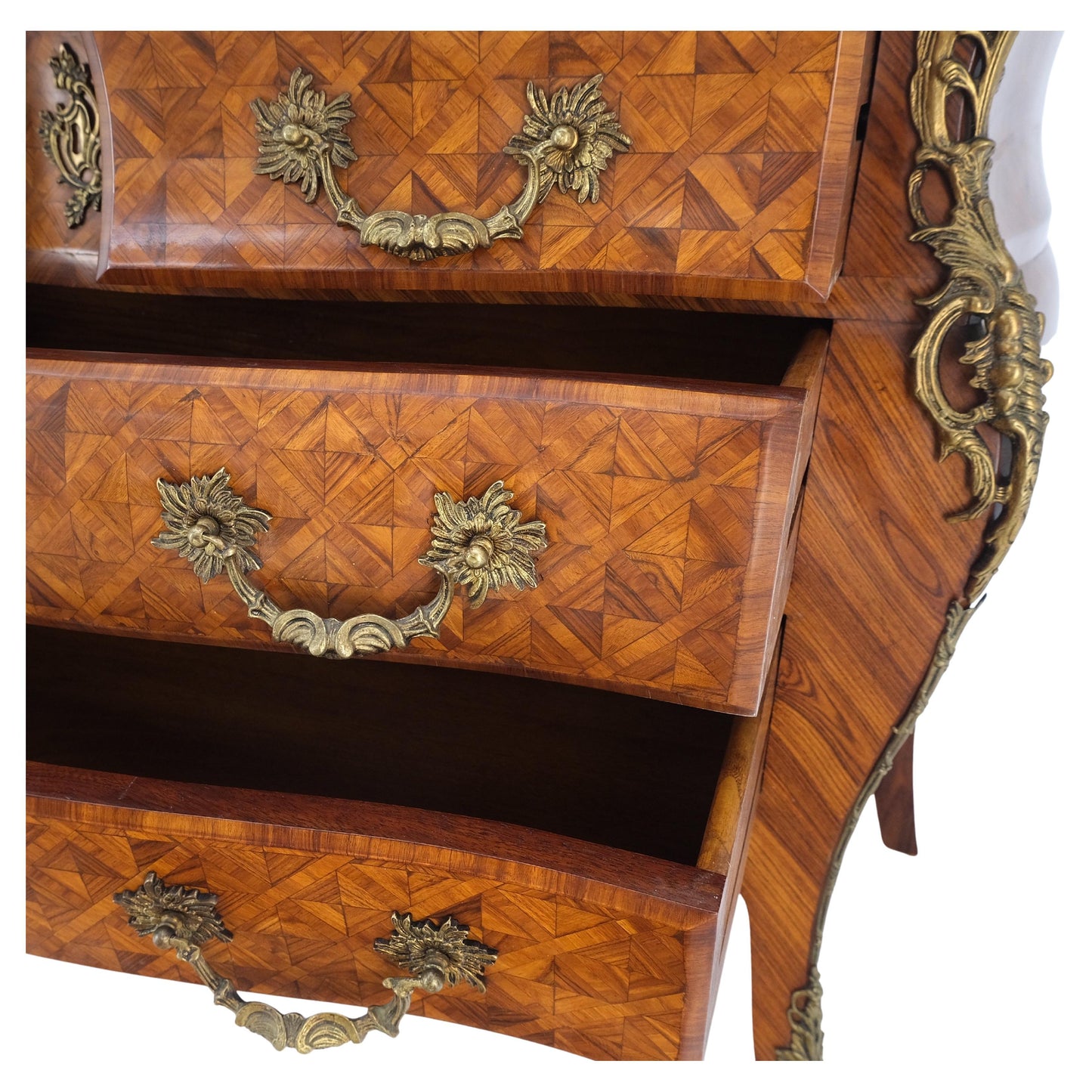 EstablishedLines Bombe Bronze Ormolu Marble Top French Satinwood Louis XV 3 Drawers Dresser MINT!