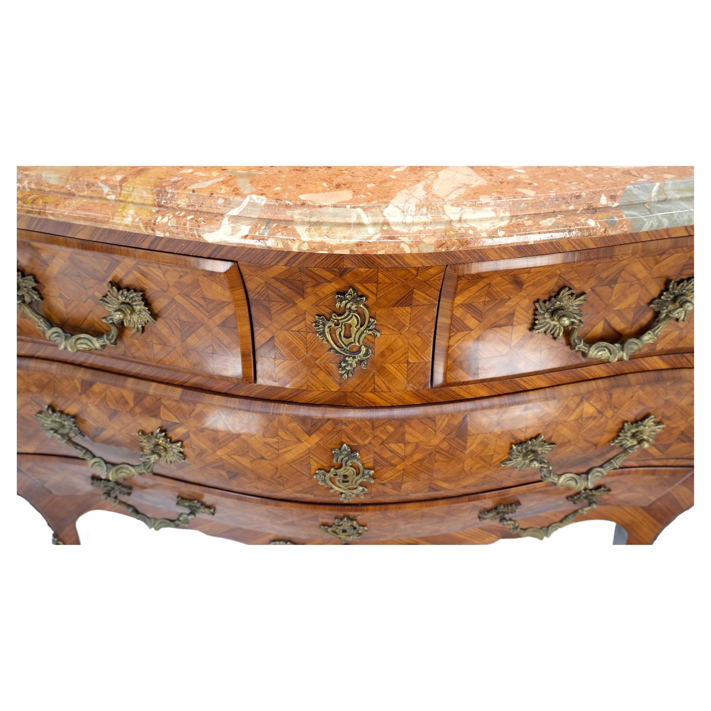 EstablishedLines Bombe Bronze Ormolu Marble Top French Satinwood Louis XV 3 Drawers Dresser MINT!