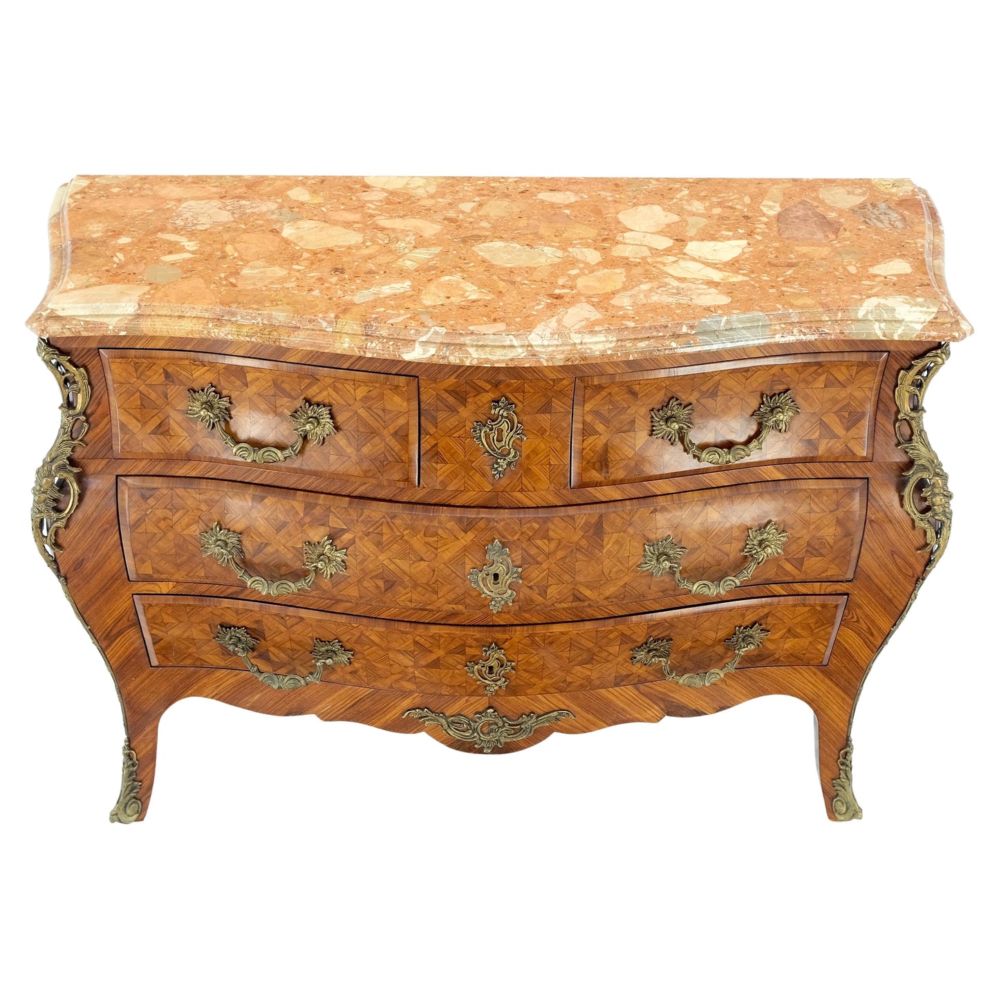 EstablishedLines Bombe Bronze Ormolu Marble Top French Satinwood Louis XV 3 Drawers Dresser MINT!