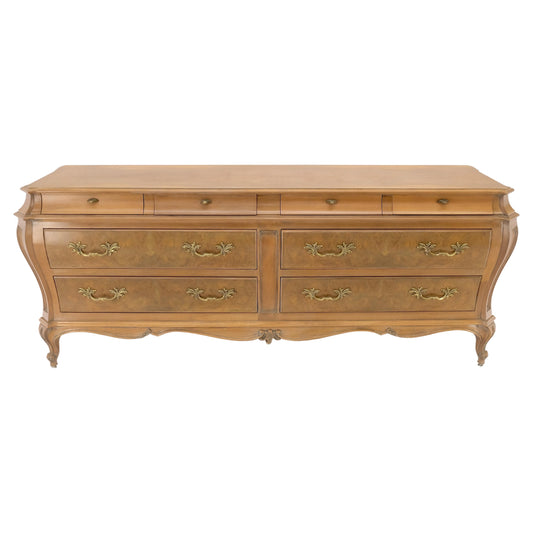 EstablishedLines Long Country French Bombe 8 Drawer White Wash Burl Dresser Credenza Solid & Mint