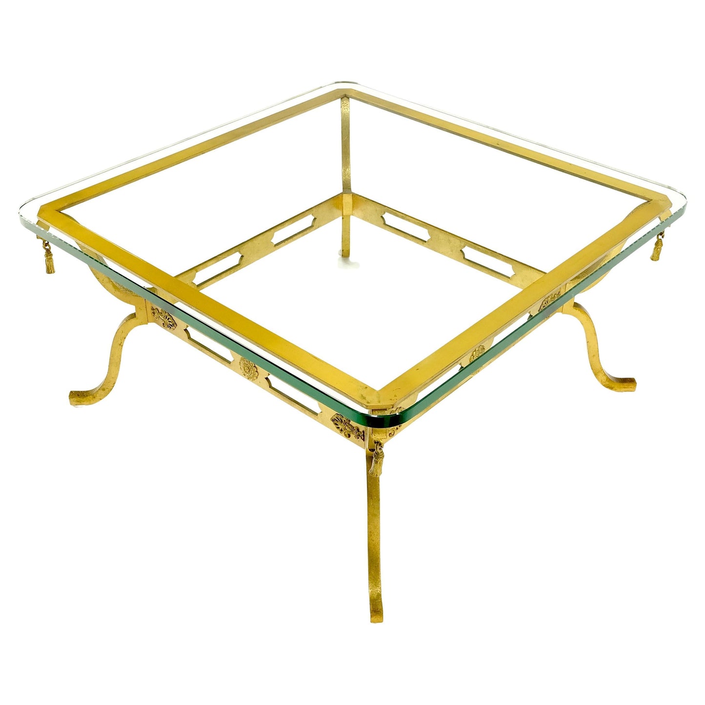 EstablishedLines Square Solid Bronze Tassels Decorated Base 3/4" Glass Top Coffee Center Table