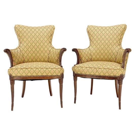 EstablishedLines Pair of Antique Carved Mahogany Upholstered  Fireside Arm Chairs