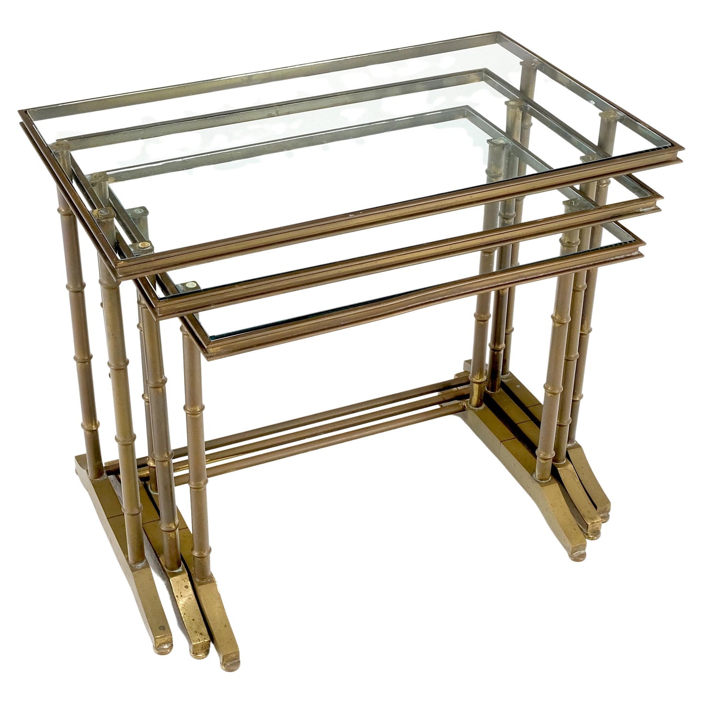 EstablishedLines Set of MCM Solid Brass Faux Bamboo Glass Top Nesting Side End Tables Stands
