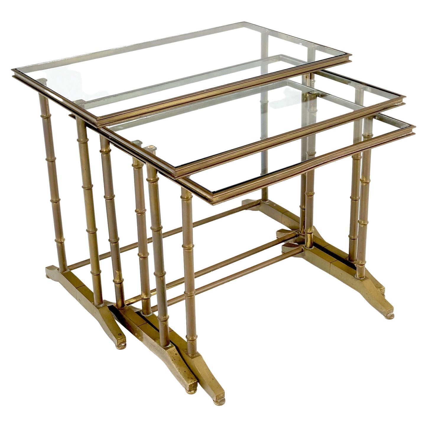 EstablishedLines Set of MCM Solid Brass Faux Bamboo Glass Top Nesting Side End Tables Stands