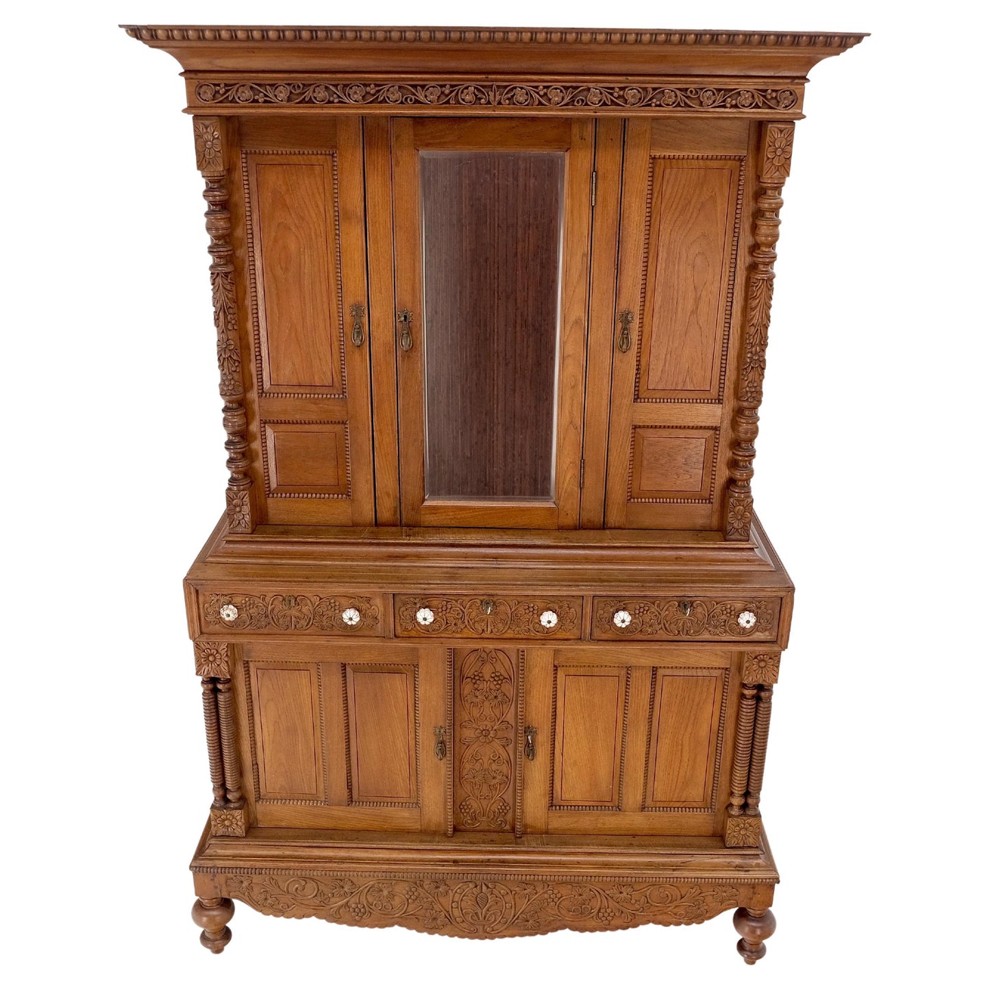 EstablishedLines Solid Carved Teak Antique Two Part Cupboard Cabinet with Unique Feature Mint!