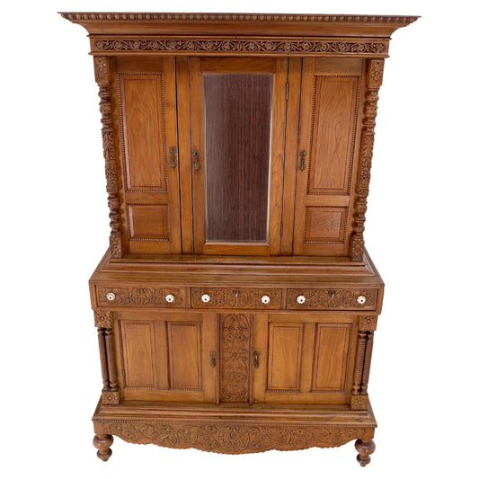 EstablishedLines Solid Carved Teak Antique Two Part Cupboard Cabinet with Unique Feature Mint!