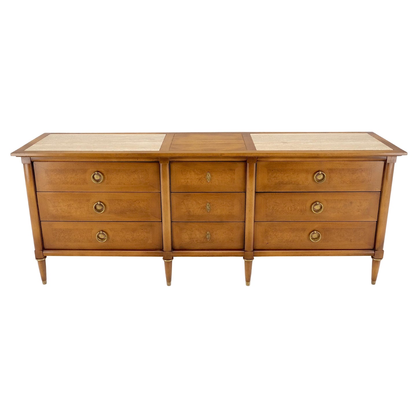 EstablishedLines Light Walnut Long Travertine Top 9 Drawers Dresser Credenza Drop Ring Pulls MINT