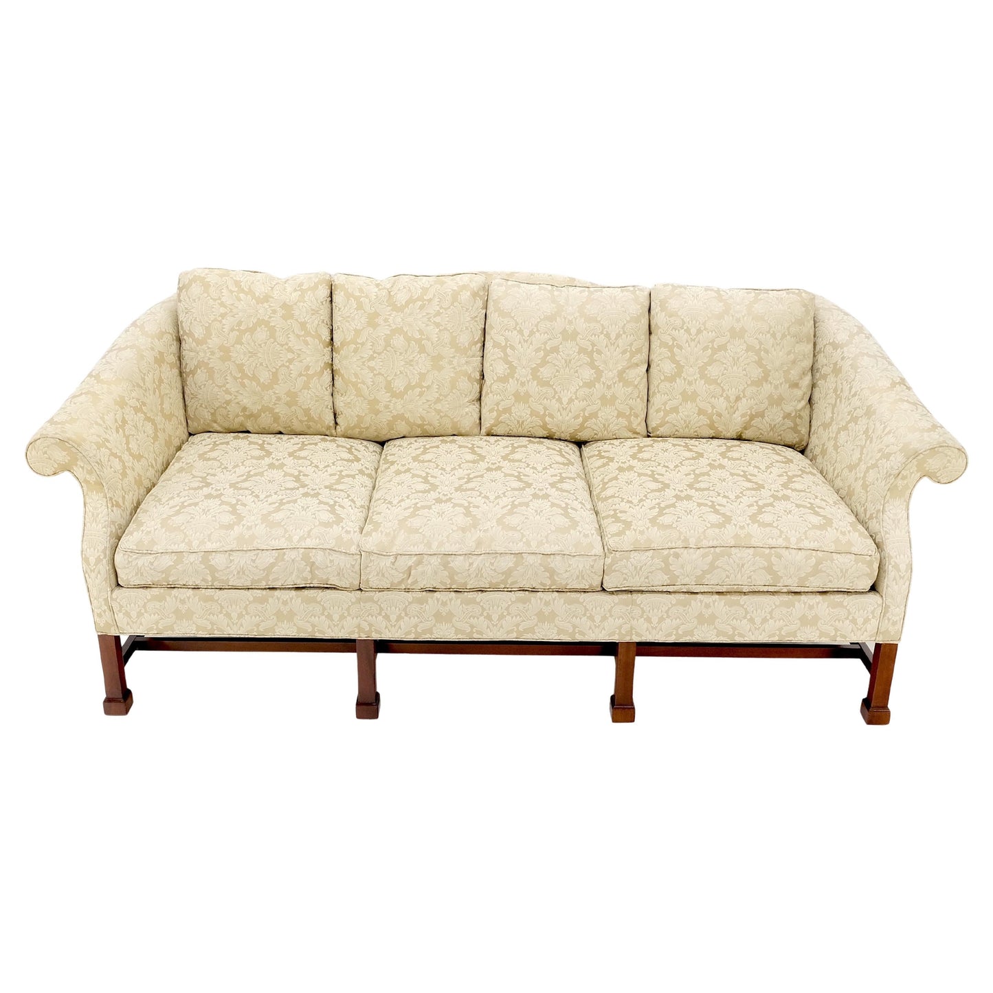 EstablishedLines Camel Back Federal Style Mahogany Stretcher Base Beige Upholstery Sofa Mint!