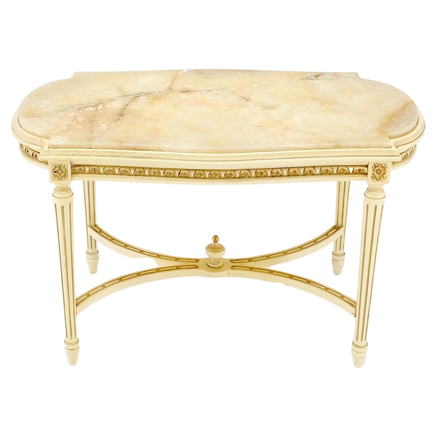 EstablishedLines White Onyx Top Stadium Shape Top Beige Lacquer Carved Stretcher Base Side Table